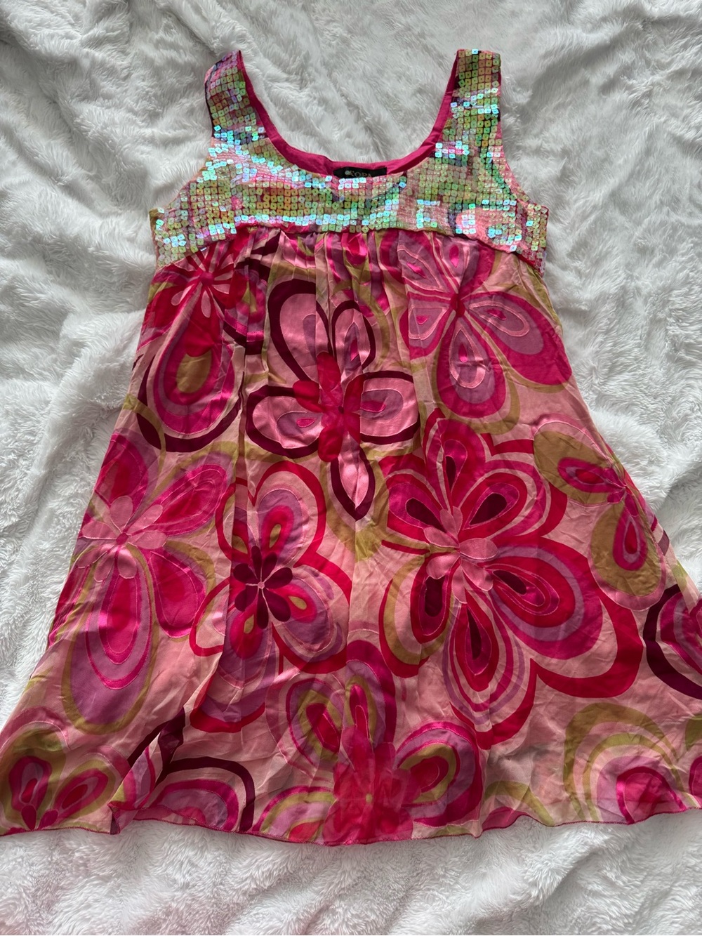 Sequin-Embellished Pink Floral Mini Dress
